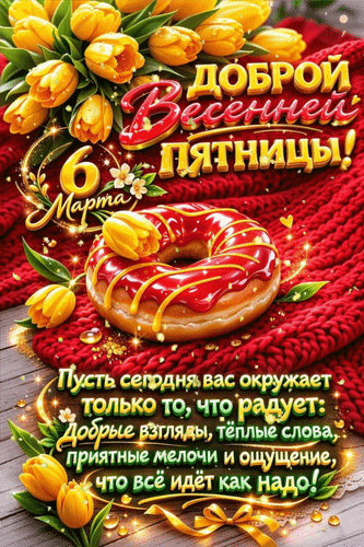 Анимированная открытка 6 марта Доброй весенней пятницы! Пусть сегодня вас окружает только то, что радует: добрые взгляды...