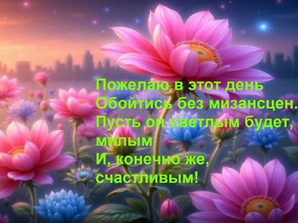 Открытка Пожелаю в этот день Обойтись без мизансцен. Пусть он светлым будет, милым И, конечно же, счастливым!