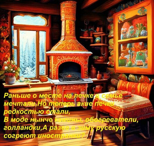 Открытка Раньше о месте на печке в семье мечтали, Но теперь такие печки редкостью стали, В моде нынче камины,