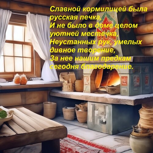Открытка Славной кормилицей была русская печка, И не было в доме целом уютней местечка, Неустанных рук, умелы