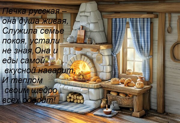 Открытка Печка русская – она душа живая, Служила семье покоя, устали не зная, Она и еды самой вкусной наварит