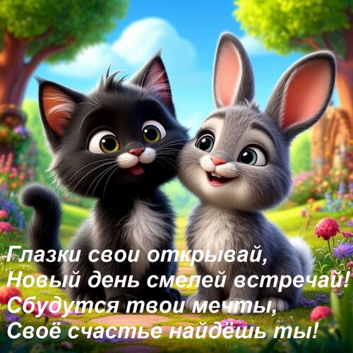 Открытка Глазки свои открывай, Новый день смелей встречай! Сбудутся твои мечты, Своё счастье найдёшь ты!