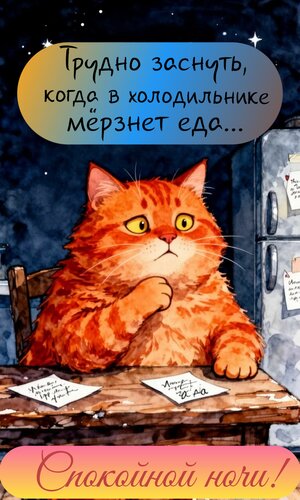 Открытка Трудно заснуть, когда в холодильнике мёрзнет еда. Спокойной ночи