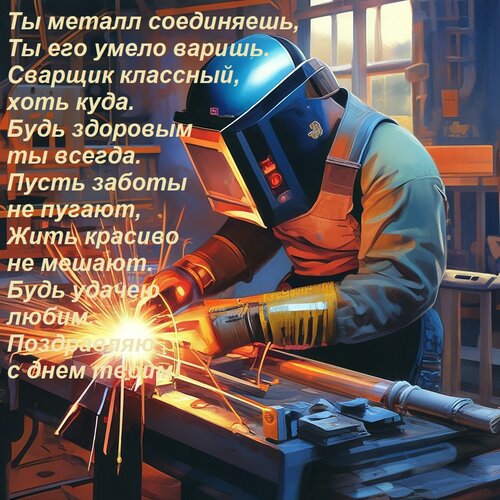 Открытка Ты металл соединяешь, ты его умело варишь. Сварщик классный, хоть куда будь здоровым ты всегда. 