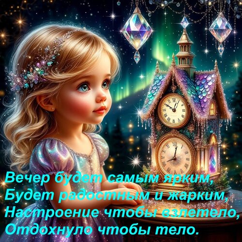 Открытка Вечер будет самым ярким, Будет радостным и жарким, Настроение чтобы взлетело, Отдохнуло чтобы тело.