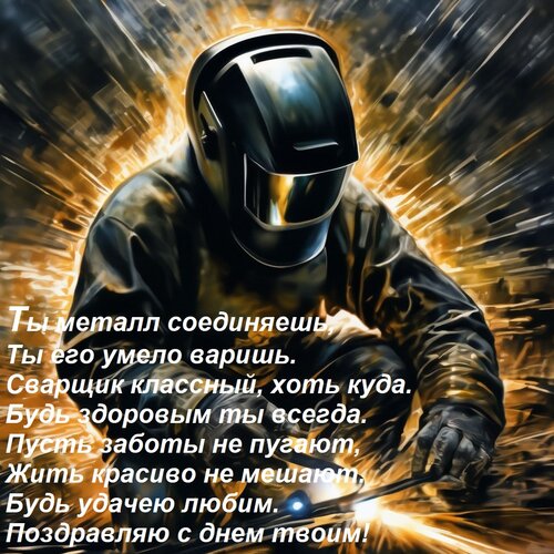 Открытка Ты металл соединяешь, Ты его умело варишь. Сварщик классный, хоть куда. Будь здоровым ты всегда. Пус