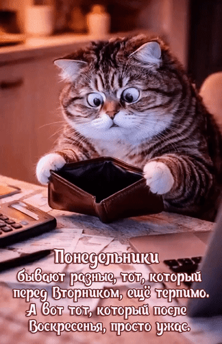 Анимированная открытка Понедельники бывают разные: тот, который перед Вторником, ещё терпимо. А вот тот, который после воскресенья...