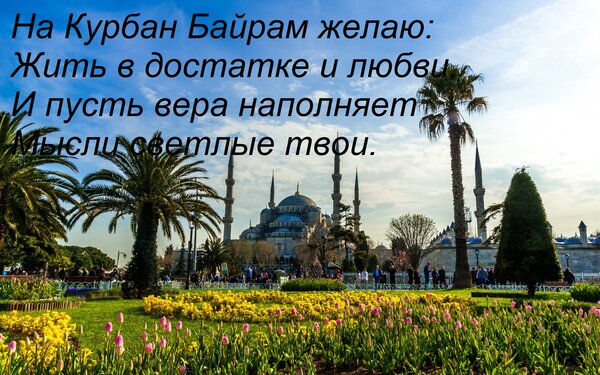 Открытка На Курбан Байрам желаю: жить в достатке и любви. И пусть вера наполняет мысли светлые твои.