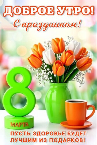 Открытка ДОБРОЕ УТРО! С ПРАЗДНИКОМ! 8 МАРТА. ПУСТЬ ЗДОРОВЬЕ БУДЕТ ЛУЧШИМ ИЗ ПОДАРКОВ!