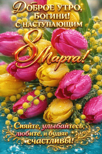 Анимированная открытка Доброе утро, богини! С наступающим 8 Марта! Сияйте, улыбайтесь, любите и будьте счастливы!