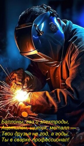 Открытка Баллоны, газ и электроды, Ацетилен, щиток, металл — Твои друзья не год, а годы: Ты в сварке професси
