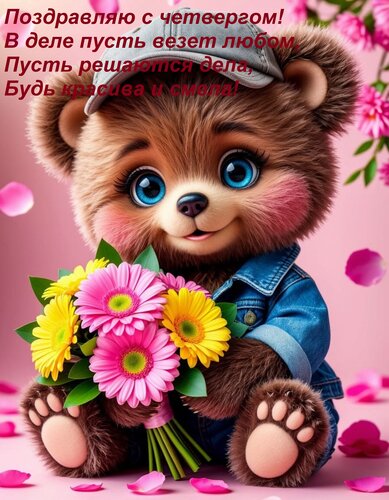 Открытка Поздравляю с четвергом! В деле пусть везет любом, Пусть решаются дела, Будь красива и смела!