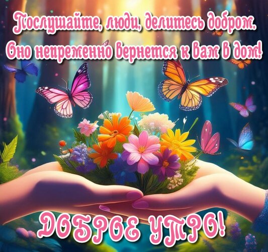 Открытка Послушайте, люди, делитесь добром. Оно непременно вернется к вам в дом!