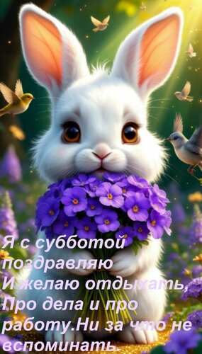 Открытка Я с субботой поздравляю И желаю отдыхать, Про дела и про работу Ни за что не вспоминать.