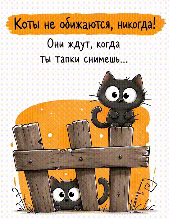 Анимированная открытка Коты не обижаются - никогда! Они ждут, когда ты тапки снимешь...
