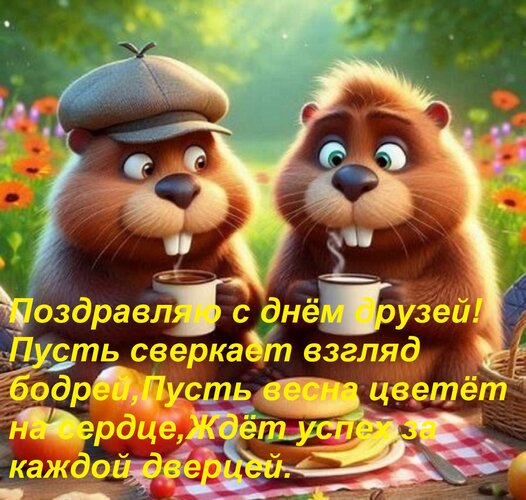 Открытка Поздравляю с днём друзей! Пусть сверкает взгляд бодрей, Пусть весна цветёт на сердце, Ждёт успех за