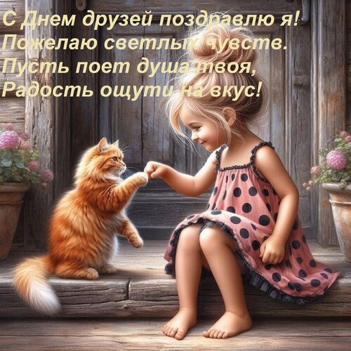 Открытка С Днем друзей поздравлю я! Пожелаю светлых чувств. Пусть поет душа твоя, Радость ощути на вкус!