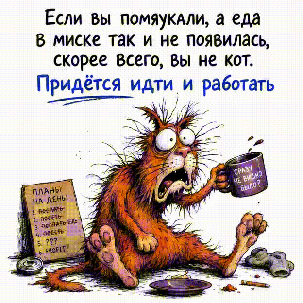 Анимированная открытка Если вы помяукали, а еда в миске так и не появилась, скорее всего вы не кот. Придётся идти работать