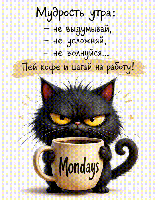 Анимированная открытка Mondays. Мудрость утра: - не выдумывай, - не усложняй, - не волнуйся... Пей кофе и шагай на работу!