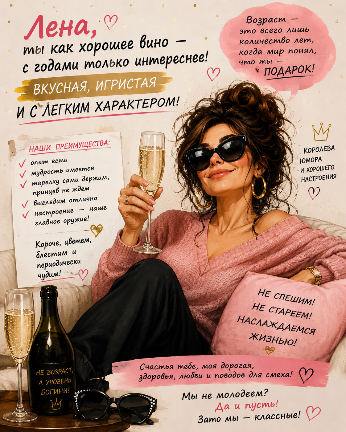 Открытка Лена, ты как хорошее вино - с годами только интереснее!