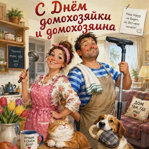 Анимированная открытка С днём домохозяйки и домохозяина. Дом там, где мы! Лучшие в своём деле!