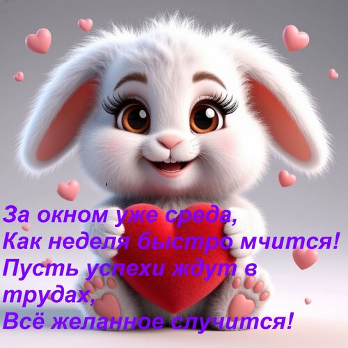 Открытка За окном уже среда, как неделя быстро мчится! Пусть успехи ждут в трудах, всё желанное случится!