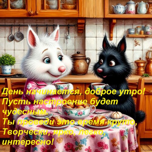 Открытка День начинается, доброе утро! Пусть настроение будет чудесным. Ты проведи это время круто, Творчески