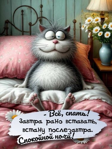 Открытка Всё, спать. Завтра рано. Встану послезавтра. Спокойной ночи.