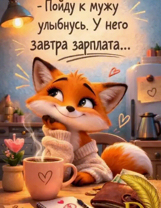 Анимированная открытка - Пойду к мужу улыбнусь. У него завтра зарплата...