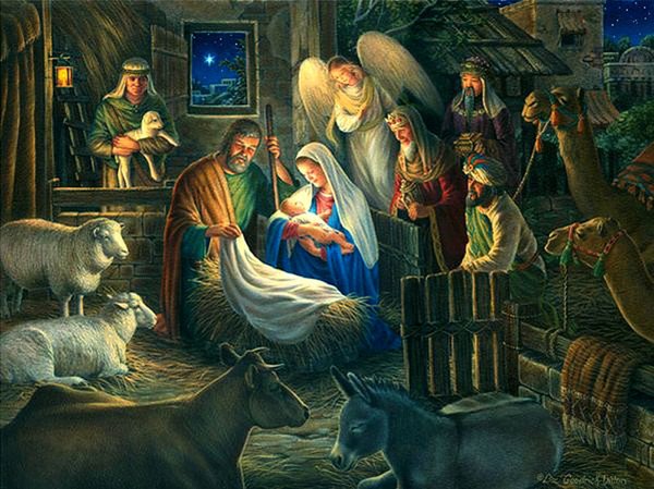 Открытка Новорожденный Иисус и принесшие дары волхвы