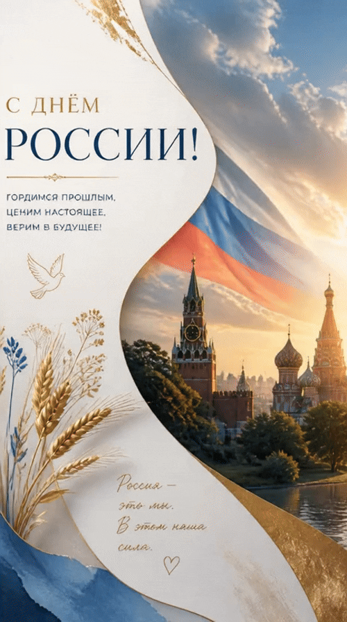 Анимированная открытка С Днём России! Гордимся прошлым, ценим настоящее, верим в будущее!