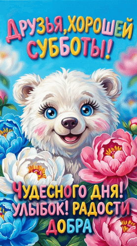 Анимированная открытка Друзья, хорошей субботы! Чудесного дня! Улыбок! Радости. Добра.
