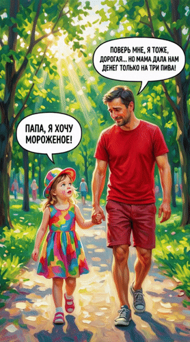 Анимированная открытка - Папа, я хочу мороженое! - Поверь мне, я тоже, дорогая... но мама дала нам денег только на три пива