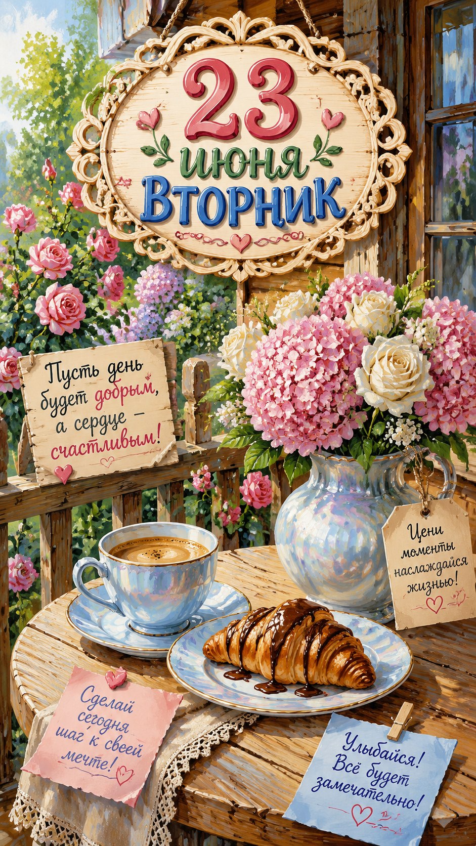 Открытка 23 июня вторник. Позитивная летняя открытка.