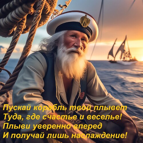 Открытка Пускай корабль твой плывет Туда, где счастье и веселье! Плыви уверенно вперед И получай лишь наслажд