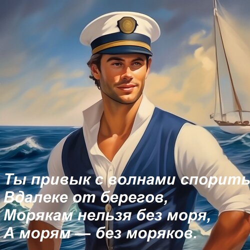 Открытка Ты привык с волнами спорить Вдалеке от берегов, Морякам нельзя без моря, А морям — без моряков.