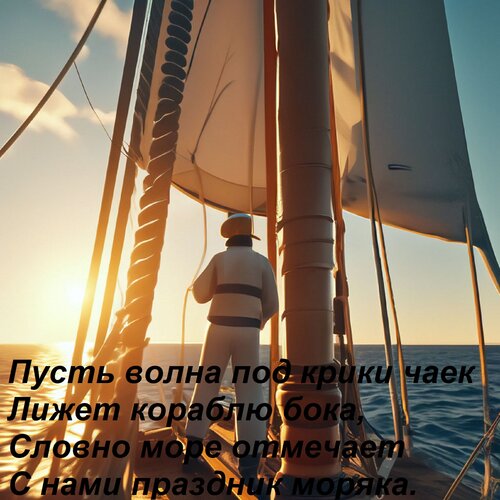 Открытка Пусть волна под крики чаек Лижет кораблю бока, Словно море отмечает С нами праздник моряка.