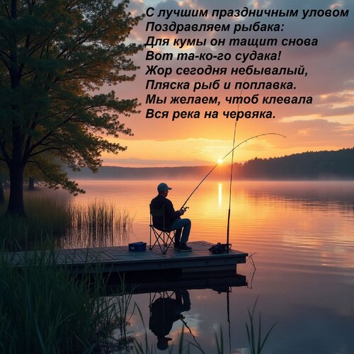 Открытка С лучшим праздничным уловом Поздравляем рыбака: Для кумы он тащит снова Вот та-ко-го судака! Жор сег