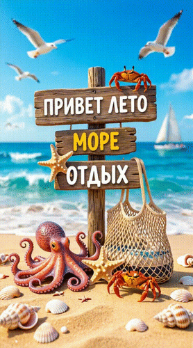 Анимированная открытка Привет Лето. Море. Отдых.