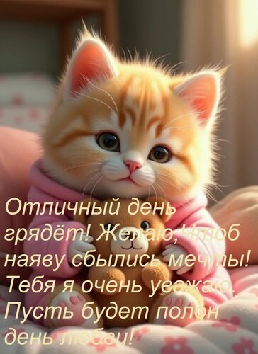 Открытка Отличный день грядёт! Желаю, Чтоб наяву сбылись мечты! Тебя я очень уважаю. Пусть будет полон день л