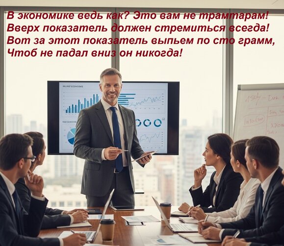 Открытка В экономике ведь как? Это вам не трамтарам! Вверх показатель должен стремиться всегда! Вот за этот п