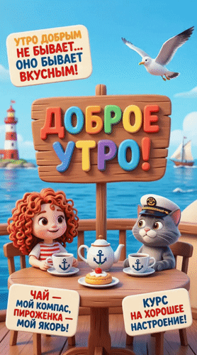 Анимированная открытка Доброе утро! Утро добрым не бывает... оно бывает вкусным! Курс на хорошее настроение! Чай - мой комп