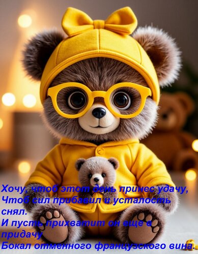 Открытка Хочу, чтоб этот день принес удачу, Чтоб сил прибавил и усталость снял. И пусть прихватит он еще в пр