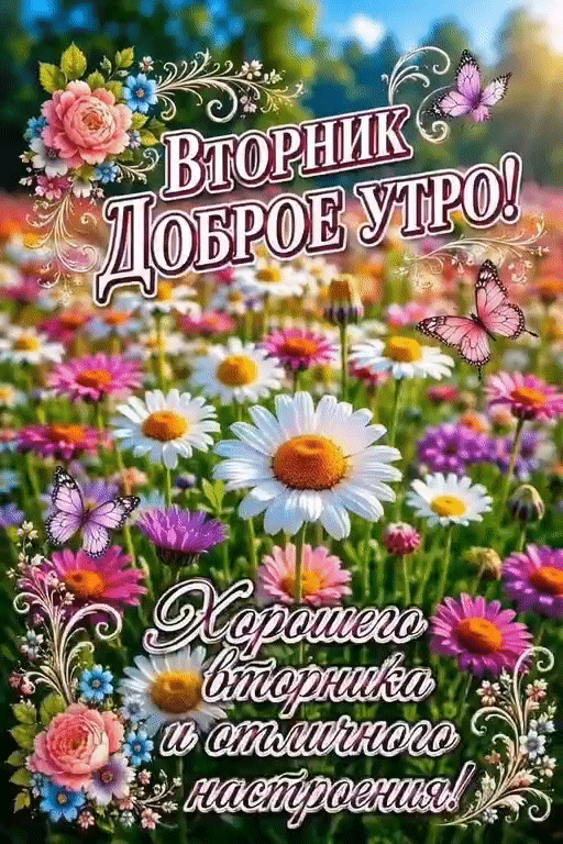 Анимированная открытка Вторник. Доброе утро! Хорошего вторника и отличного настроения!