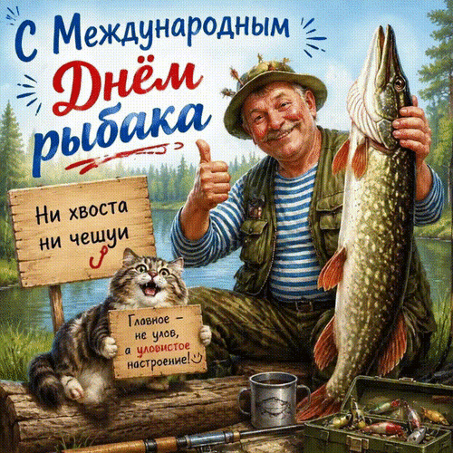 Анимированная открытка С Международным Днём рыбака. Ни хвоста, ни чешуи. Главное - не улов, а уловистое настроение!