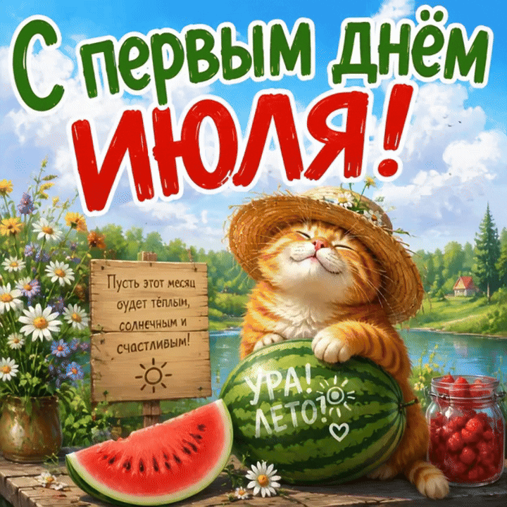 Открытка С первым днём июля! Пусть этот месяц будет теплым и счастливым!