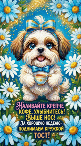 Анимированная открытка Наливайте крепче кофе, улыбнитесь! Выше нос! За хорошую неделю - поднимаем кружкой тост!