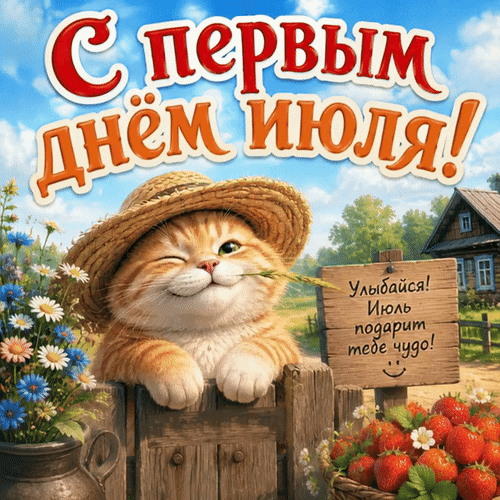 Анимированная открытка С первым днём июля! Улыбайся! Июль подарит тебе чудо!