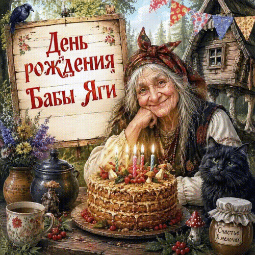 Анимированная открытка День рождения Бабы Яги