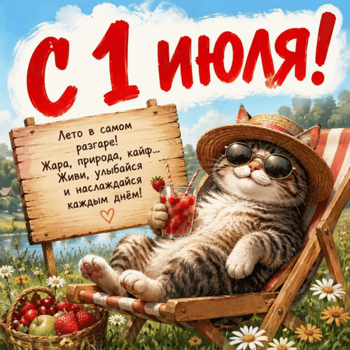 Анимированная открытка С 1 июля! Лето в самом разгаре! Жара, природа, кайф... Живи, улыбайся и наслаждайся каждым днём!